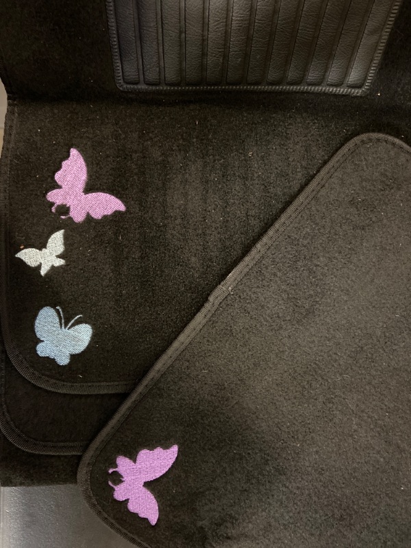 Photo 2 of CAR PASS Universal Flying Butterflies Colorful Embroidery with Heel Pad-Waterproof-Anti Slip Nibs,Car Floor Mats for Women Cute Girly,Fit Automotive,SUVS,Sedan,Vans(Black Purple)