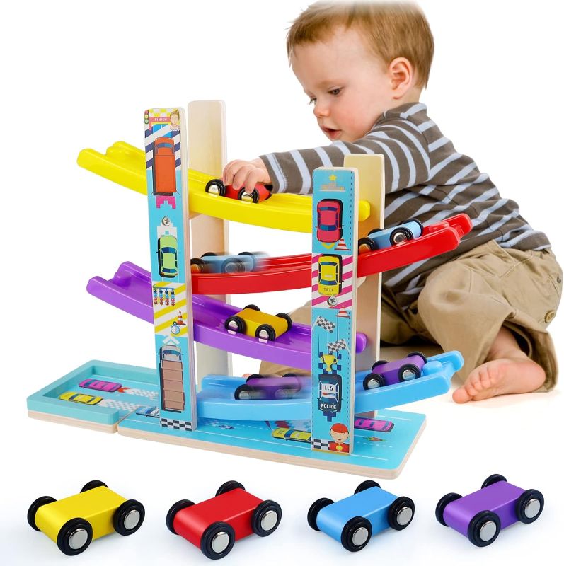 Photo 1 of Montessori Toys for Toddlers, Children Race Track Toy with 4 Cars and 1 Wooden Parking Lot, Stable Base, Car Ramp Toy for 2 3 Year Old Boy Girl Gifts