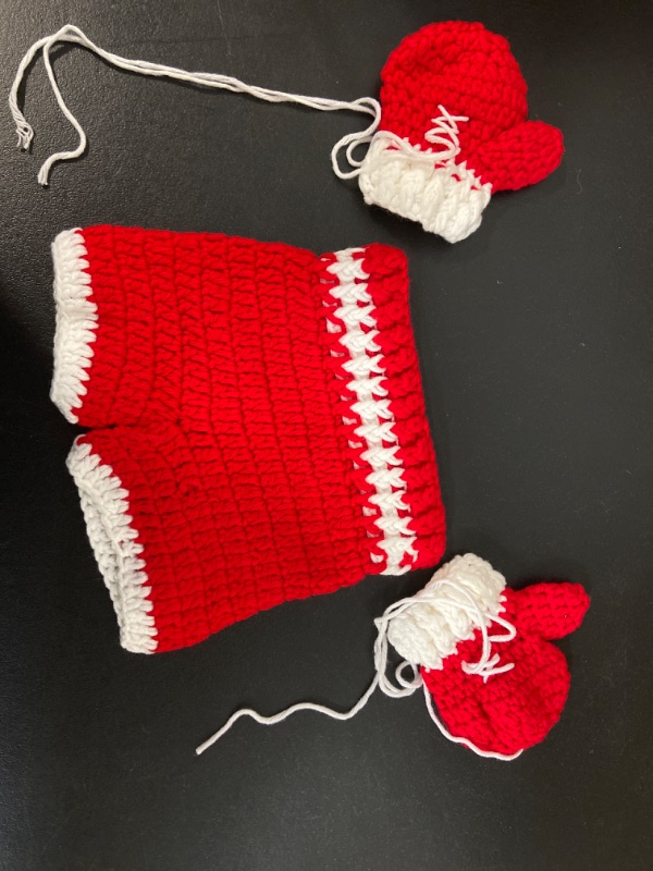 Photo 2 of Newborn Photography Props Baby Girl Boy Handmade Crochet Knitted Costume Boxing Style Gloves & Pants Red & White (Red)