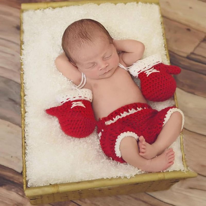 Photo 1 of Newborn Photography Props Baby Girl Boy Handmade Crochet Knitted Costume Boxing Style Gloves & Pants Red & White (Red)