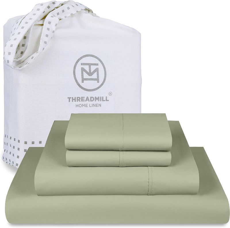 Photo 1 of Threadmill 100% Cotton Sheets for Full Size Bed - 300 Thread Count Full Bed Sheets Set with 16” Deep Pocket - Sateen Weave 4-Piece Bedding Set with Cooling Effect, Sage Green