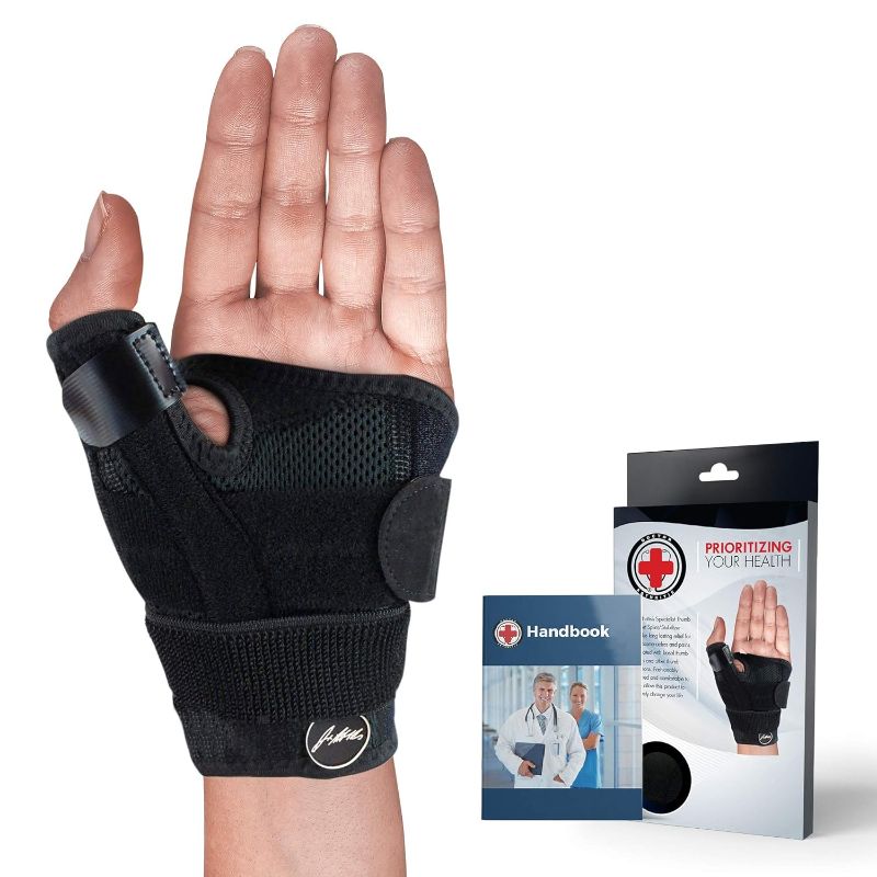 Photo 1 of Doctor Developed Thumb Support for Arthritis, Thumb Splint Right or Left Hand, Wrist Support & Thumb Spica Splint and with Doctor Written Handbook(Black, Single)