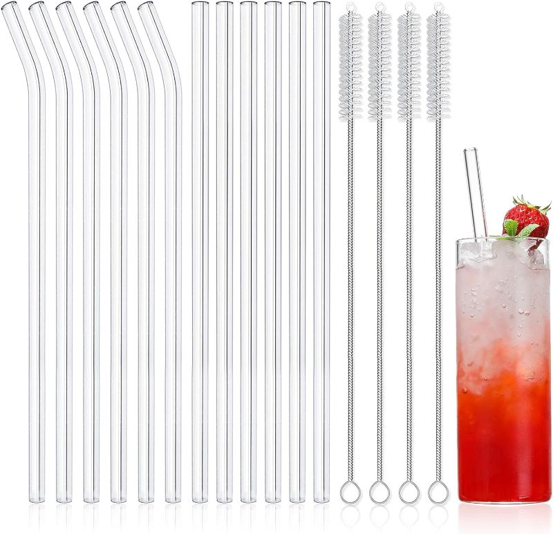 Photo 1 of NETANY 16-Pack Reusable Glass Straws, Clear Glass Drinking Straw, 10''x10 MM, Set of 6 Straight and 6 Bent with 4 Cleaning Brushes - Perfect for Smoothies, Milkshakes, Tea, Juice - Dishwasher Safe
