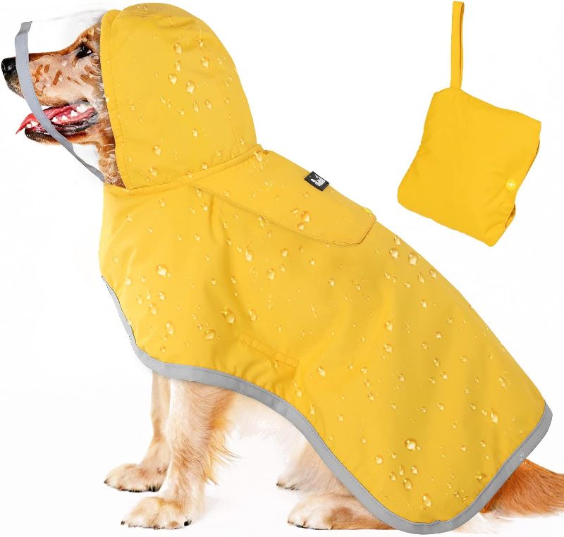Photo 1 of SlowTon Dog Raincoat, Adjustable Dog Rain Jacket Clear Hooded Double Layer, Waterproof Dog Poncho with Reflective Strip Straps and Storage Pocket