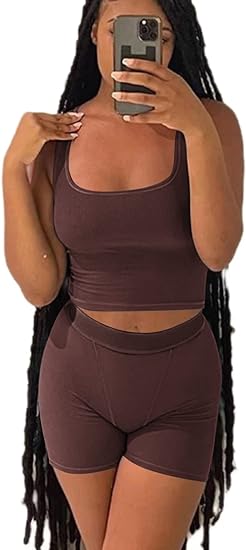 Photo 1 of AYWA Casual Workout Sets Two Piece Outfits for Women Ribbed Crop Tank Top High Waist Shorts Active Wear