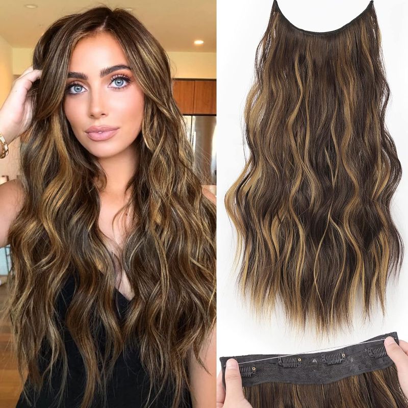Photo 1 of KooKaStyle Invisible Wire Hair Extensions with Transparent Headband Adjustable Size 4 Secure Clips Long Wavy Secret Wire Hairpiece 20 Inch Chestnut Brown with Blonde Highlights for Women