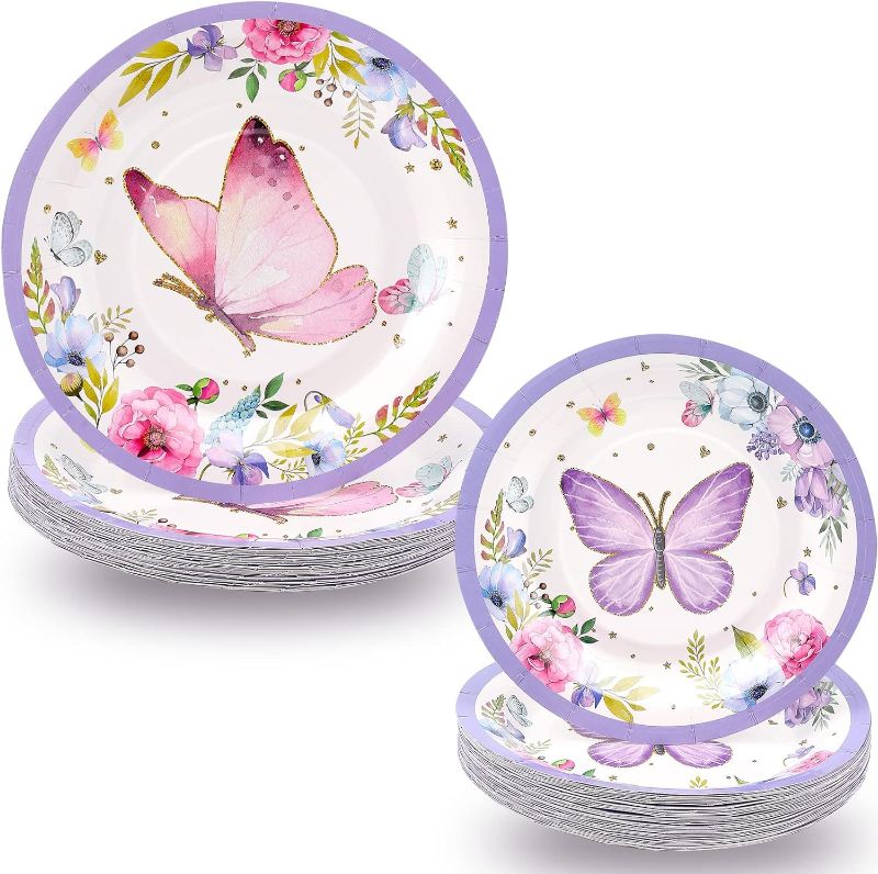 Photo 1 of 72 Pieces Butterfly Birthday Party Supplies Paper Plates Bulk, Butterfly Elephant Checkered Themed Party Favors Decoration, 9 Inch 7 Inch Disposable Plates Baby Shower for Tableware (Butterfly)