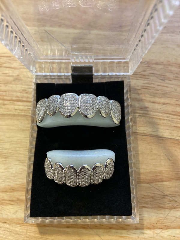 Photo 2 of HH Bling Empire Iced Out Diamond Teeth Grillz for Men Women,Hip Hop Silver Gold Grills for your teeth Top and Bottom,Rapper Costume Teeth Jewelry and Accessories