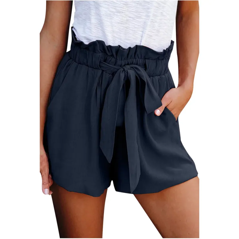 Photo 1 of Shorts for Women Tie Elastic High Waisted Wide Leg Shorts Casual Baggy Breathable Skin-Friendly Flowy Summer Shorts