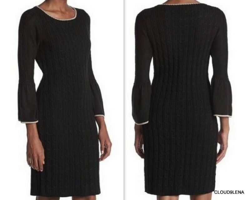 Photo 1 of CALVIN KLEIN Bell sleeve Metallic Trim Cable knit sweater dress Size 3XL Black