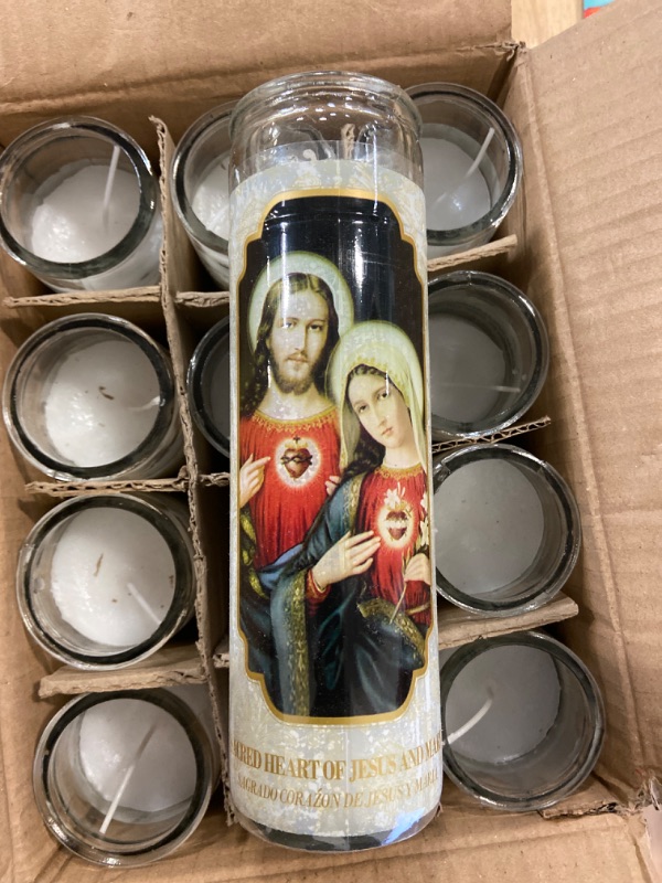 Photo 2 of Glass Assorted Religious Candle, White, Jesus and Mary Case of 12 (1)