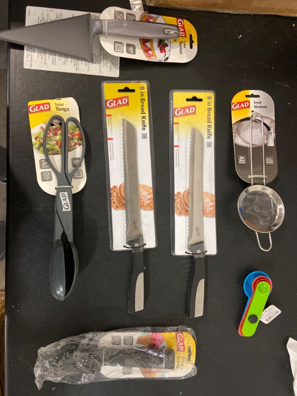 Photo 1 of Miscellaneous Bundle: (2) Glad Bread Knife Serrated 8" Blade + GLAD Cake Turner + GLAD Stainless Steel Mesh Strainer 6.5 inches Steel + GLAD Ice Cream Scoop Grey + 4 Piece Measuring Spoons