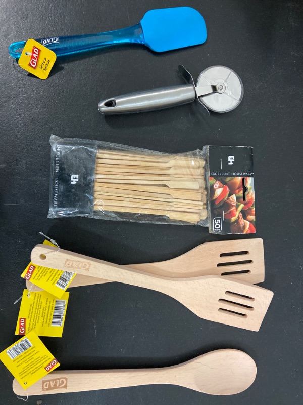 Photo 3 of Miscellaneous Bundle: Natural Bamboo Paddle Skewers (50ct) +  Beechwood Mixing and Serving Spoon + Stainless Steel Pizza Cutter Wheel with Stainless Steel Handle + Beechwood Slotted Turner + Glad® Silicone Scraper Spatula