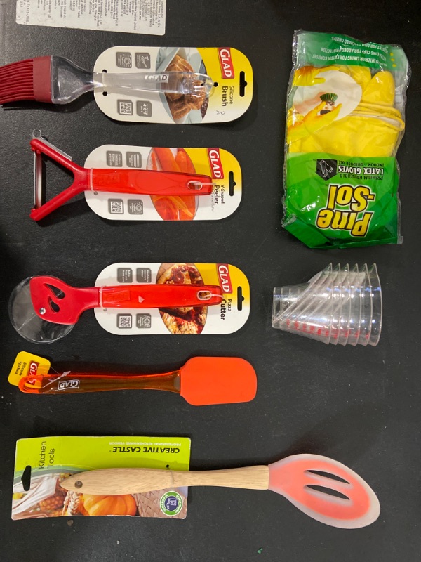 Photo 1 of Miscellaneous Bundle: Glad® Silicone Scraper Spatula + GLAD Pizza Cutter + GLAD Y Shaped Peeler + GLAD Silicone Brush + Pine-Sol Latex Gloves XL + 4 Pack Good Grips 1/4 Cup Clear Angled Measuring Cup