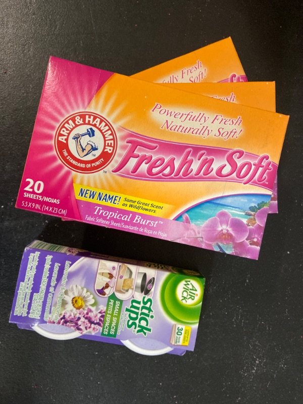 Photo 3 of Bundle: Air Wick Stick Ups Air Freshener, Lavender and Chamomile 2ct, 2.1 oz + ARM & HAMMER Fresh'n Soft Fabric Softening Sheets, Tropical Burst 20 each (Pack of 3)