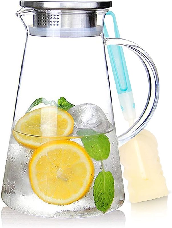 Photo 1 of SUSTEAS 2.0 Liter 68oz Glass Pitcher with Lid, Easy Clean Heat Resistant Glass Water Carafe with Handle for Hot/Cold Beverages - Water, Cold Brew, Iced Tea & Juice, 1 Free Long-Handled Brush Included