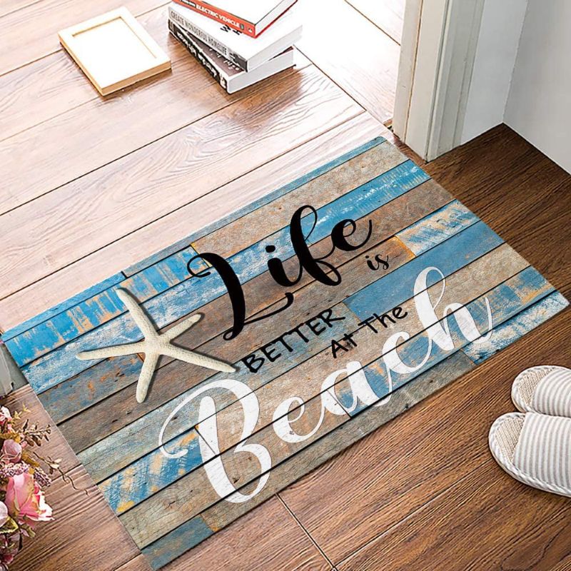 Photo 1 of Welcome Mat Front Floor Mats, Non Slip Indoor Carpet/Absorbent Outdoor Shoes Scraper, Life is Better at The Beach Starfish Retro Wood Board Low-Profile Rugs Doormats for Entryway