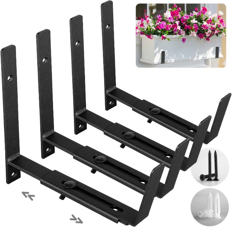 Photo 1 of KIVATA Window Box Brackets, Adjustable Planter Box Brackets (6 inch), Window Planter Box Brackets, Flower Box Holder, Flower Box Brackets for Railings, Deck, Window, Wall (4 Pack) - Black Color