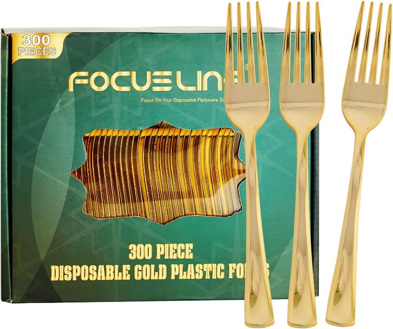 Photo 1 of FOCUSLINE 300 Pack Disposable Gold Plastic Forks, Solid and Durable Plastic Cutlery Forks, Heavy Duty Disposable Utensil Silverware for Catering, Parties, Dinners, Weddings