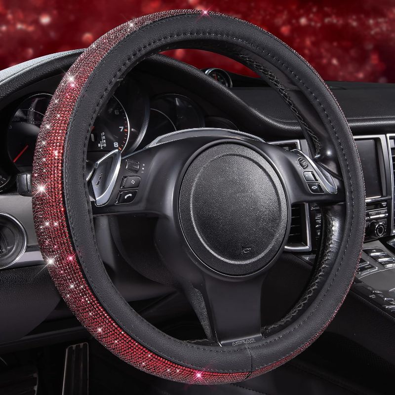 Photo 1 of CAR PASS Bling Diamond Leather Steering Wheel Cover, With Bling Sparkly Crystal Glitter Rhinestones Universal Fit 14"1/2-15" Car Wheel Protect for Women Girl Fit SUV,Vans,Sedans,Cars,Trucks, Black Red