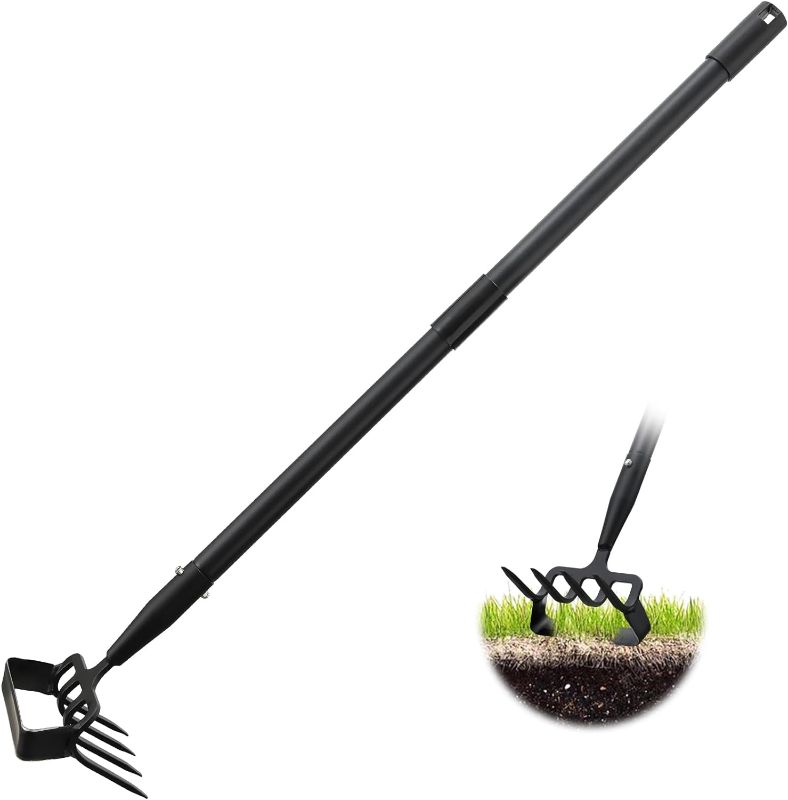 Photo 1 of Hoe Garden Tool for Weeding,Stirrup Hoe and 4 Tines Rake 2-in-1 Gardening Tool,Long Handle Hula Hoe for Garden,Lawn,Vegetable Garden Loose Soil,Weeding and Planting