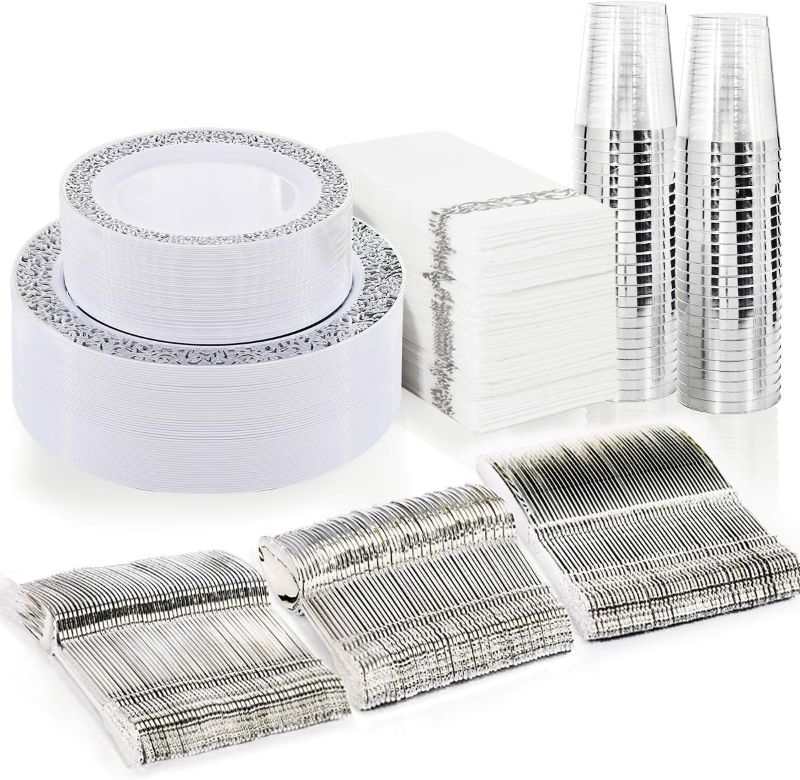 Photo 1 of BUCLA 350PCS Silver Plastic Plates with Disposable Plastic Silverware&Hand Napkins, Silver Plastic Dinnerware Lace Design include 100 Plates,50 Forks, 50 Knives, 50 Spoons,50Cups,50 Disposable Napkins