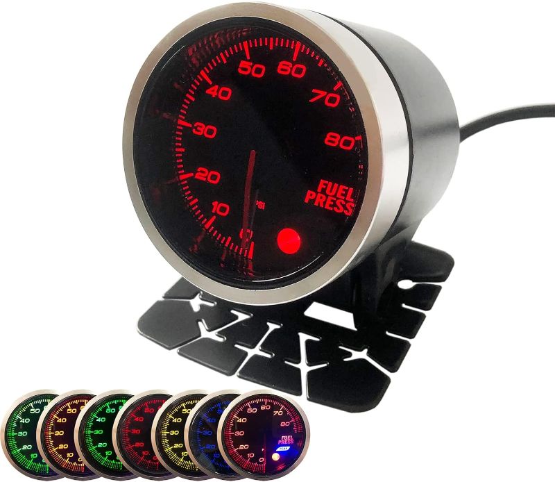 Photo 1 of 52mm 2-1/16" Fuel Pressure Gauge 7 Color 0-80 PSI Meter with Press Alarm Includes Electronic Sensor and Stepper Motor - Black Dial - Smoked Lens