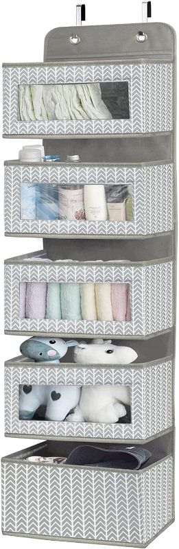 Photo 1 of Over the Door Hanging Organizer with 5 Large Pockets - Wall Mount Pantry Storage with Clear PVC Window & 2 Big Metal Hooks for Closet,Bathroom,Nursery,Bedroom,Dorm,Baby Diapers,Kids Toys (Gray)