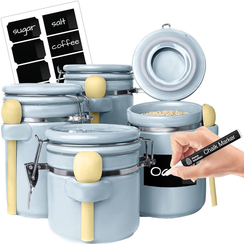 Photo 1 of Home Intuition 4-Piece Ceramic Kitchen Canisters Set, Airtight Containers with Wooden Spoons Reusable Chalk Labels and Marker for Sugar, Coffee, Flour, Tea (Light Blue)