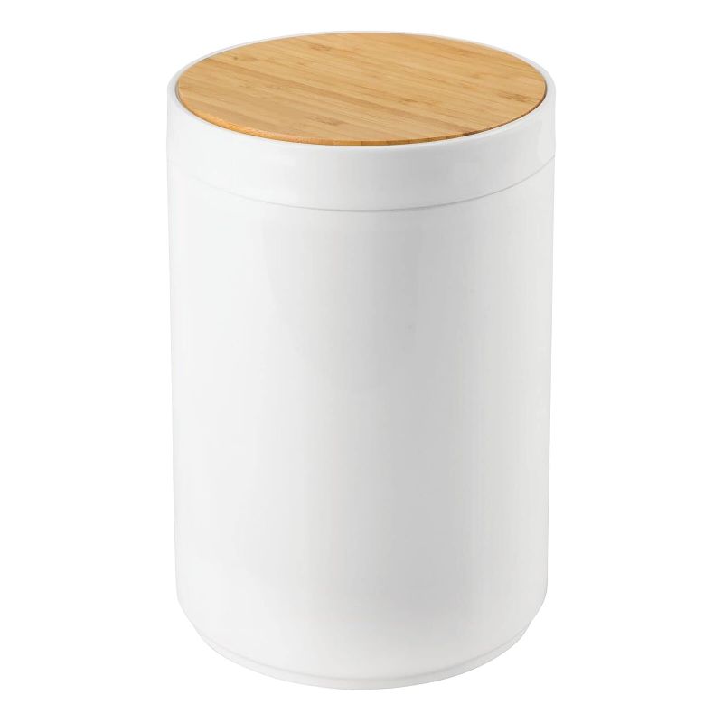 Photo 1 of mDesign Plastic Round Trash Can Small Wastebasket - Garbage Bin Container with Swing-Close Lid - Bathroom Garbage Basket - Holds Waste, Recycling - 1.3 Gallon - Basa Collection - White/Natural