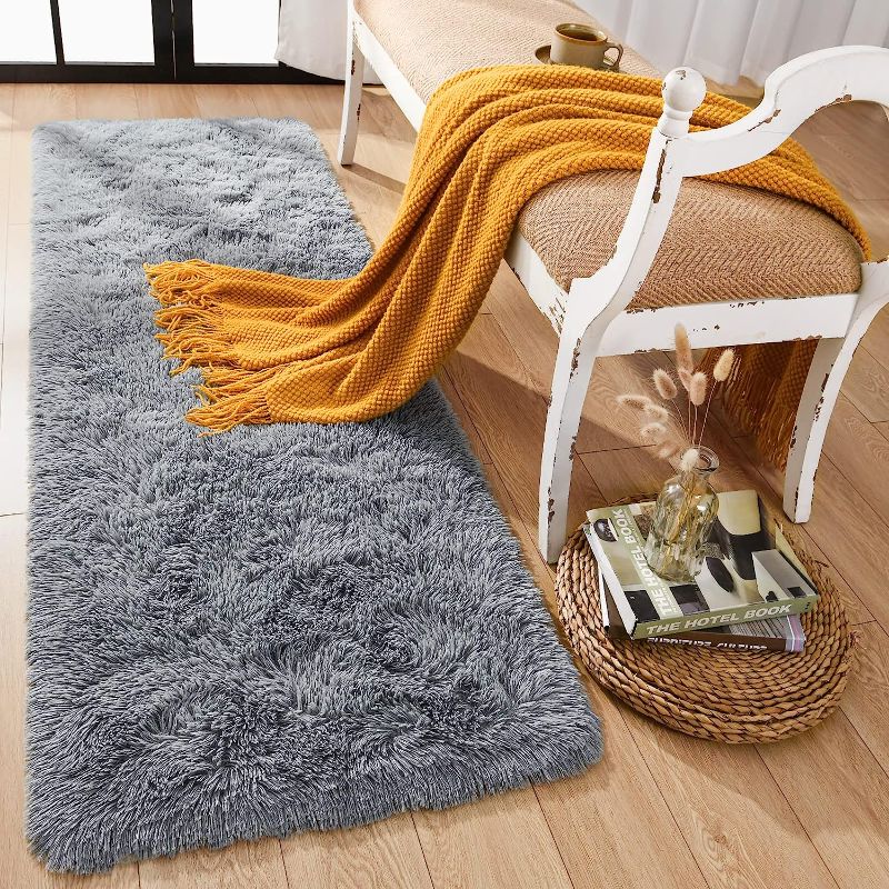 Photo 1 of Rtizon Soft Shag Runner Rug for Bedroom, 2x6 Feet Fluffy Rugs with Non-Slip Bottom for Hallway Bedside Living Room Dorm, Furry Area Rug for Indoor Home Decor, Grey