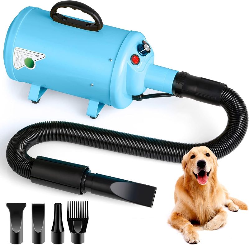 Photo 1 of Dog Hair Dryer, 3.8HP 2800W Pet Grooming Blower for Large Dogs Hair Force Blaster with Heat, Stepless Speed Adjustable Strong Power Wind, Blue