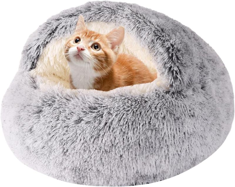 Photo 1 of Calming Dog Beds & Cat Cave Bed with Hooded Cover,Removable Washable Round Beds for Small Medium Pets,Anti-Slip Faux Fur Fluffy Coved Bed,Comfortable Warming Pet Bed (20 * 20inch, Grey)