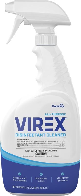 Photo 1 of 2 Pack VIREX Diversey CBD540540 All Purpose Disinfectant Cleaner- Kills 99.9% of Germs and Eliminates Odors, Lemon Scent, Ready-to-Use Spray, 32-Ounce