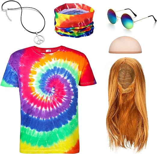 Photo 1 of 5 Pieces Hippie Costume Colorful Tie Dye T Shirt, Gold Brown Wig, Peace Sign Necklace, Headband, Sunglasses