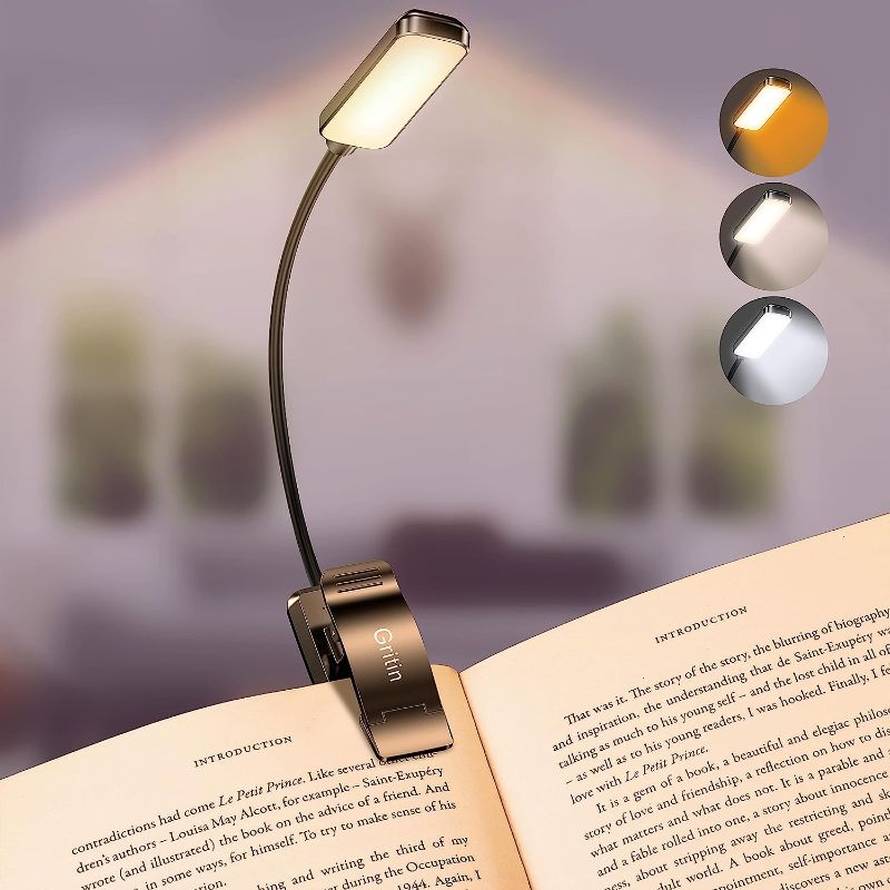 Photo 1 of Gritin 9 LED Rechargeable Book Light for Reading in Bed - Eye Caring 3 Color Temperatures,Stepless Dimming Brightness,80 Hrs Runtime Small Lightweight Clip On Book Reading Light for Kids,Studying