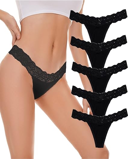 Photo 1 of VEMILOTS Lace Thongs for Women Pack Seamless Stretch No Show Underwear Cotton Modal Thong Panties 5 Pack