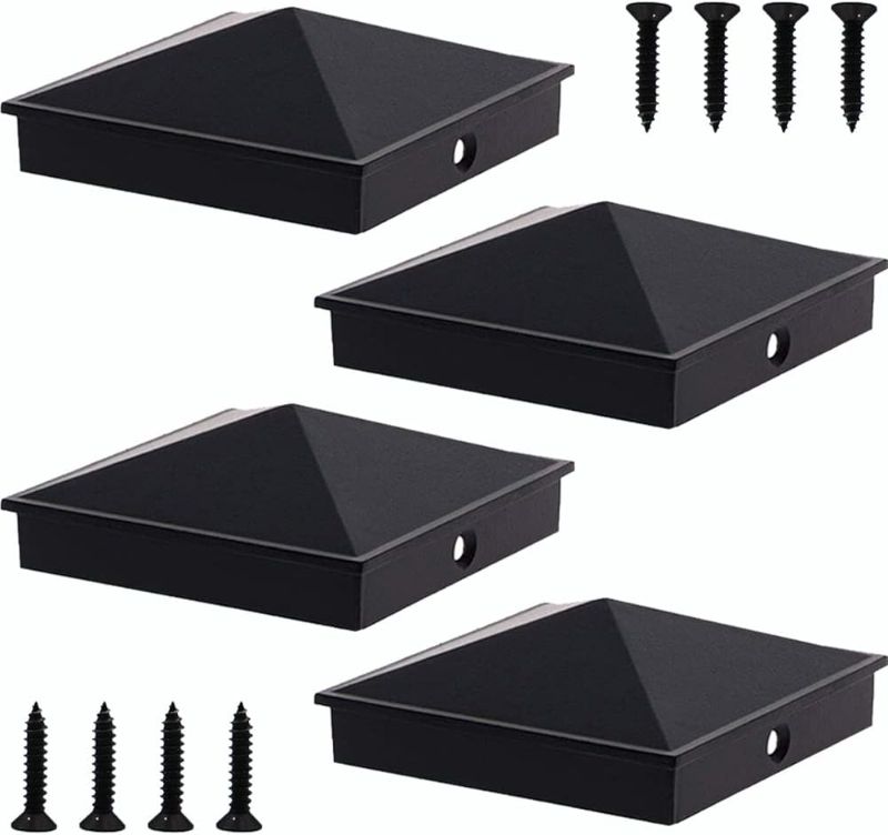 Photo 1 of Azdele 4x4 Aluminum Pyramid Post Caps Cover for 4x4 Nominal Wood Post(Actual/True 3.5" x 3.5"), with Matte Finish Powder Coated Surface, for Fence Wood Post of Decks or Corridors(Black, 4 Pack)