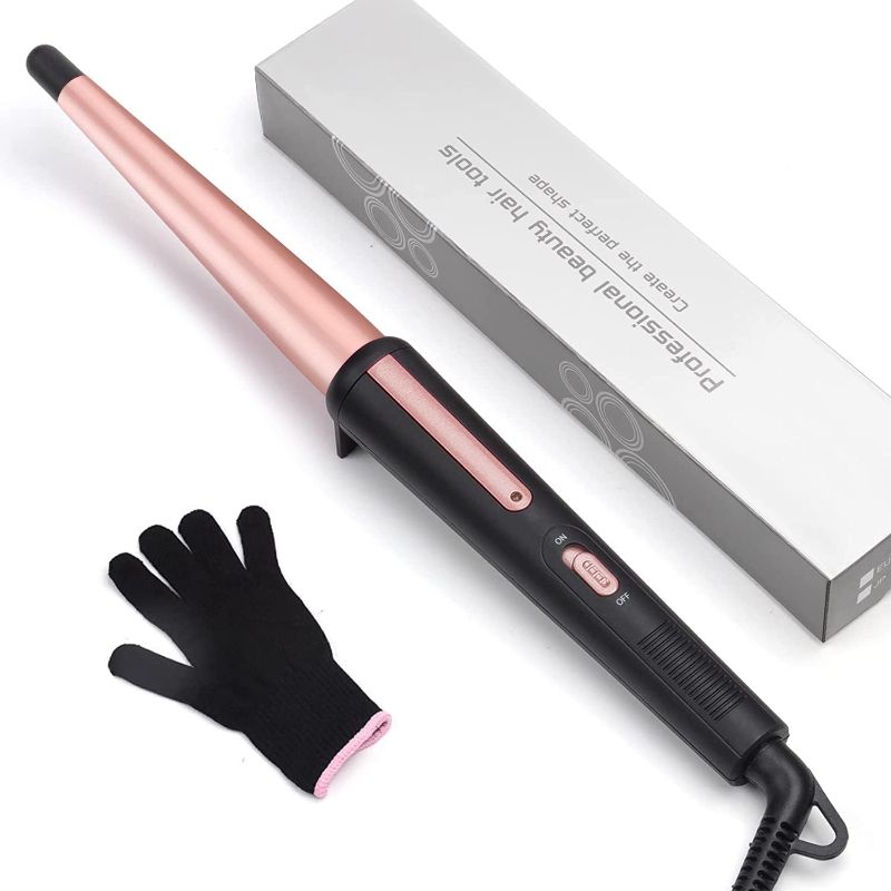 Photo 1 of Hair Curling Wand, 0.5-1Inch Tapered Curling Iron, Professional Ceramic Hair Curler Wand with Heat-Resistant Glove, Dual Voltage (Pink)