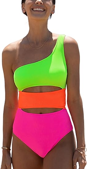 Photo 1 of popvil Women's Sexy One Shoulder Swimsuit Cut Out Color Block One Piece Bathing Suit