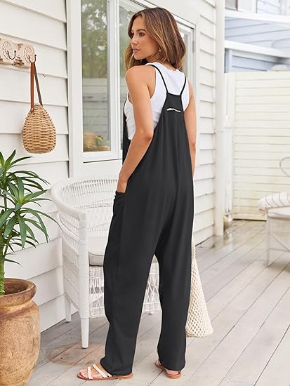 Photo 2 of AUTOMET Jumpsuits for Women Casual Summer Rompers Sleeveless Loose Spaghetti Strap Baggy Overalls Jumpers with Pockets 2024