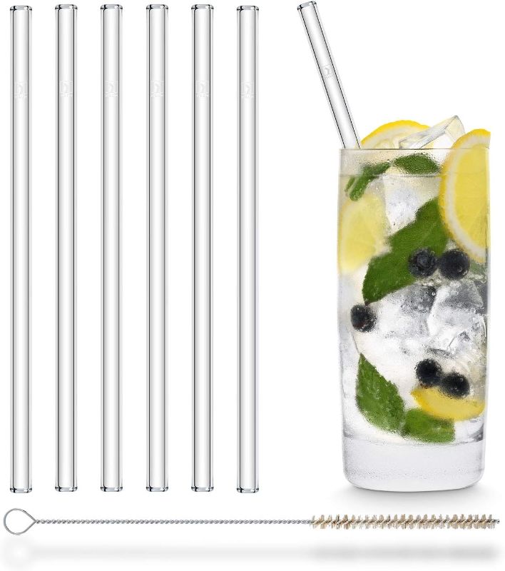 Photo 1 of Halm Glass Straws - 6x Reusable 8 inch Drinking Straws clear + Plastic-Free Cleaning Brush - Made in Germany - Dishwasher Safe - Straight - Perfect for Smoothies, Cocktails