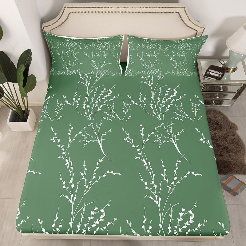 Photo 1 of Blush Green Branches Bed Sheet Set Full Size Flower Plum Blossom Fitted Sheet for Kids Decor Leaves Bedding Set Microfiber Bed Cover Bedroom