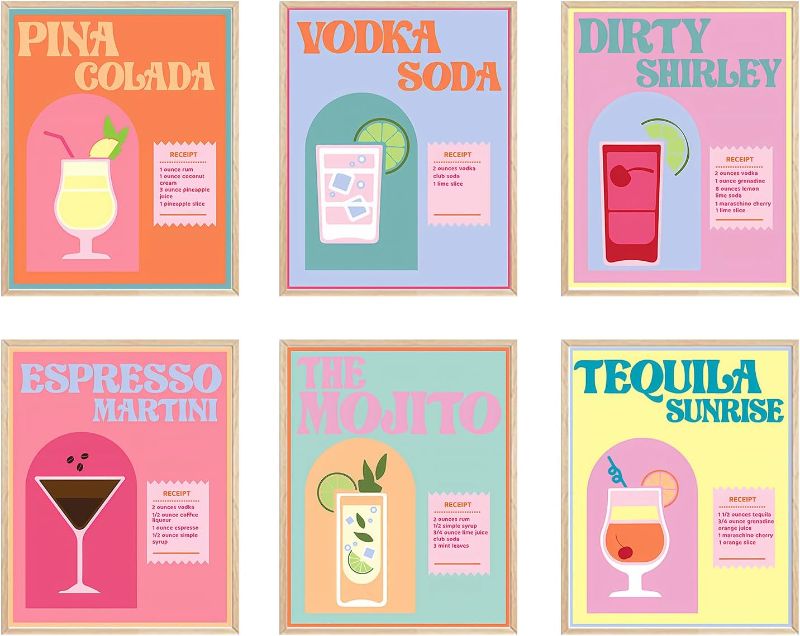 Photo 1 of FSZSEES Cocktail Wall Art Set of 6 Retro Cocktail Bar Wall Decor Artwork Unframed Colorful Alcohol Drink Poster Prints for Bar Party Dorm Kitchen Living Room 8x10 Inch