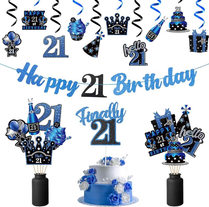 Photo 1 of 42pcs 21st Blue Birthday Banner Party Decorations, Hello 21 Glitter Hanging Garlands Swirls Signs for 21 Years Old Party Favor, Blue Black Sliver Cake Topper Centerpieces Home Table Decor