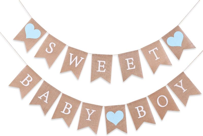 Photo 1 of Sweet Baby Boy Burlap Banner - Sweet Baby Boy Shower Decorations, Rustic Baby Shower Decorations, Photo Decoration Props (Sweet Baby Boy Blue)