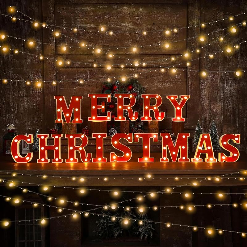 Photo 1 of MERRY Led Letters Lights Light Up Sign Christmas Decorations Indoor Outdoor Alphabet Led Wall Room Decor 5PCS for Home Bar Festival Night Light Party Decorative