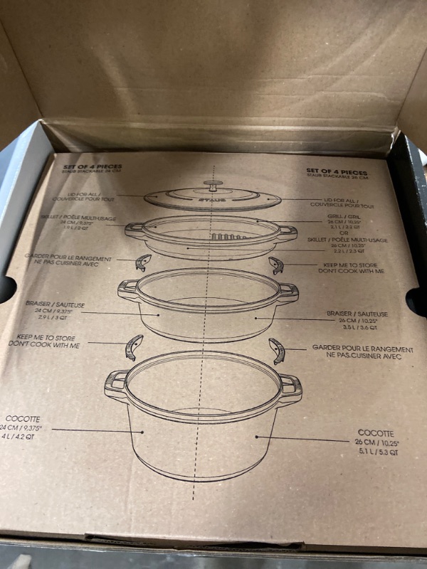 Photo 1 of STAUB Cast Iron Set 4-pc, Stackable Space-Saving Cookware Set, Dutch Oven, Cast Iron Skillet, Cast Iron Grill Pan with Universal Lid, Made in France, Matte Black 4-pc Black