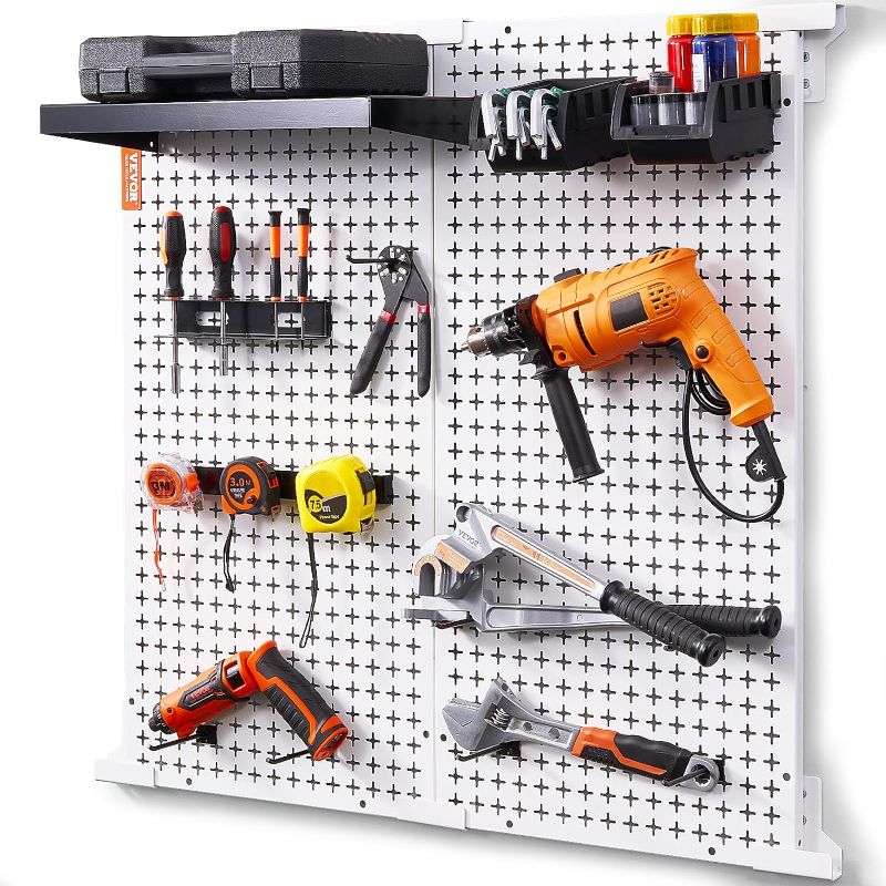 Photo 1 of VEVOR Pegboard, 32" x 32" Metal Pegboard Panels, 330LBS Loading Garage Pegboard Wall Organizer, Tool Storage Kit with 2 Peg Boards, Customized Hooks, Storage Bins, Shelf Racks for Garage Tool Storage