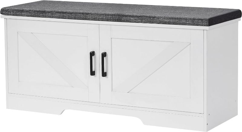 Photo 1 of HOMSHO 2-Tier Storage Bench,Shoe Bench with Padded Seat Cushion, Entryway Bench with 2 Barn Doors,Adjustable Shelf, 39.4" L x 13.8" W x 17.7" H, for Entryway, Living Room, Bedroom,White